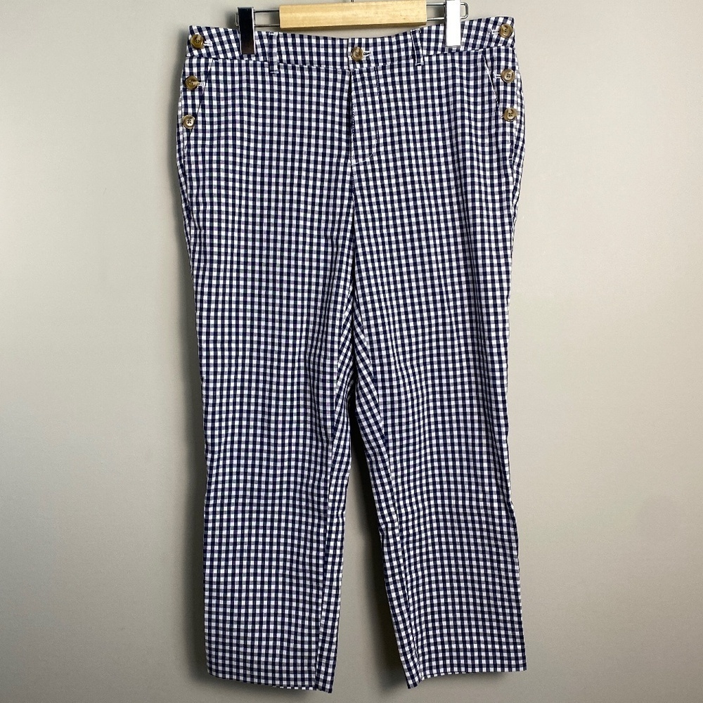 Tommy Hilfiger Dark Navy Gingham Pattern Crop Pants Slim Leg Size 10 Pockets‎